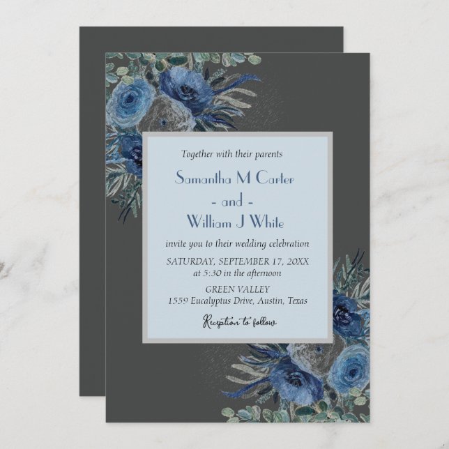 Rustic Dusty Blue Floral Eucalyptus Watercolor Invitation (Front/Back)