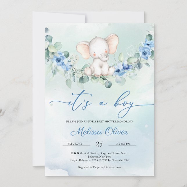 Rustic Dusty Blue Floral It's A Boy Baby Shower Invitation (Front)