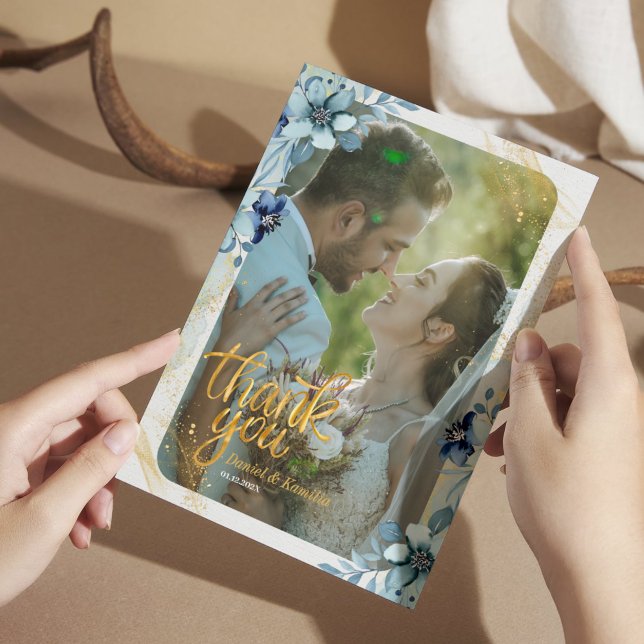 Rustic Dusty Blue Floral Thank You Card - Photo (Rustic Dusty Blue Floral Thank You Card - Photo Insert)