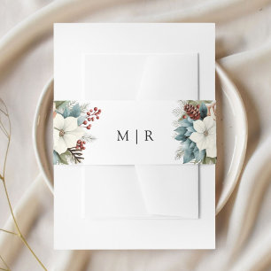 Rustic Dusty Blue Floral Winter Wedding Invitation Belly Band