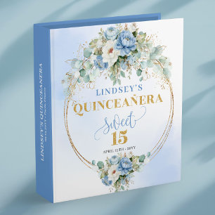 Rustic dusty blue flowers gold 15th Birthday Memor Binder
