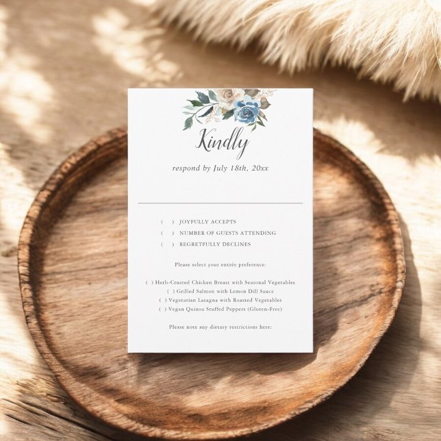 Rustic Dusty Blue Flowers Script Wedding RSVP Card (Creator Uploaded)