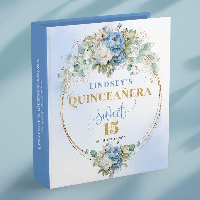 Rustic Dusty Blue Gold 15th Birthday Ring Binder (Boho Blue Peonies Quinceañera Memory Album)
