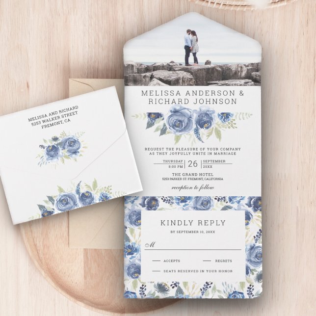 Rustic Dusty Blue Grey Floral Photo Wedding All In One Invitation (Creator Uploaded)
