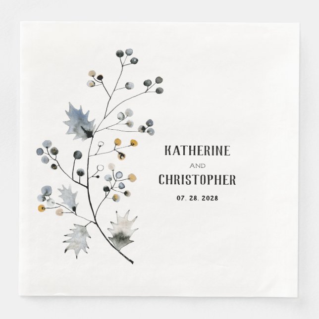 Rustic Dusty Blue Holly Stem Leaf & Berries Napkin (Front)