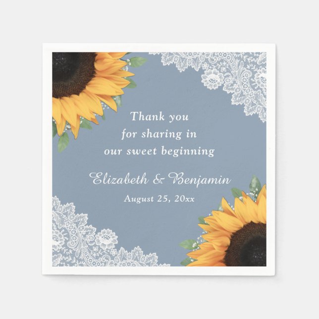 Rustic Dusty Blue Lace Sunflower Floral Wedding Napkin (Front)