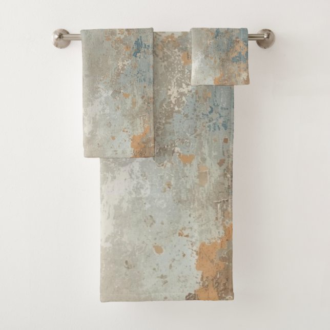 Rustic Dusty Blue Light Brown Abstract Farmhouse Bath Towel Set (Insitu)