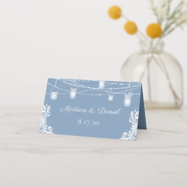 Rustic Dusty Blue Lights Wedding Place Card (Back)