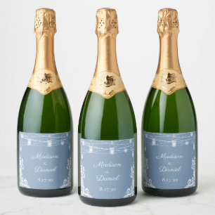Rustic Dusty Blue Lights Wedding  Sparkling Wine L Label