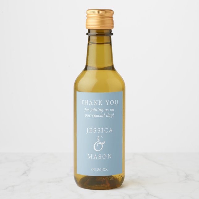 Rustic Dusty Blue Mini Wine Bottle Label Favour (Front)