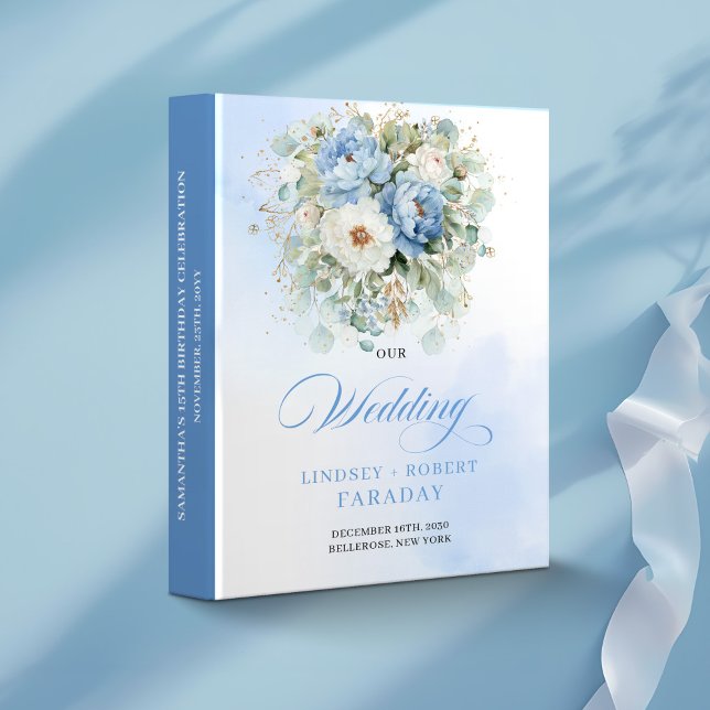 Rustic Dusty Blue Peonies Gold Wedding Keepsake  Binder (Rustic Dusty Blue Peonies Gold Wedding Keepsake Binder)