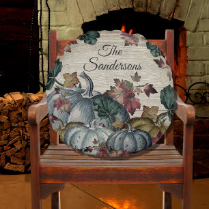 Rustic Dusty Blue Pumpkin Fall Leaves Wood  round Pillow