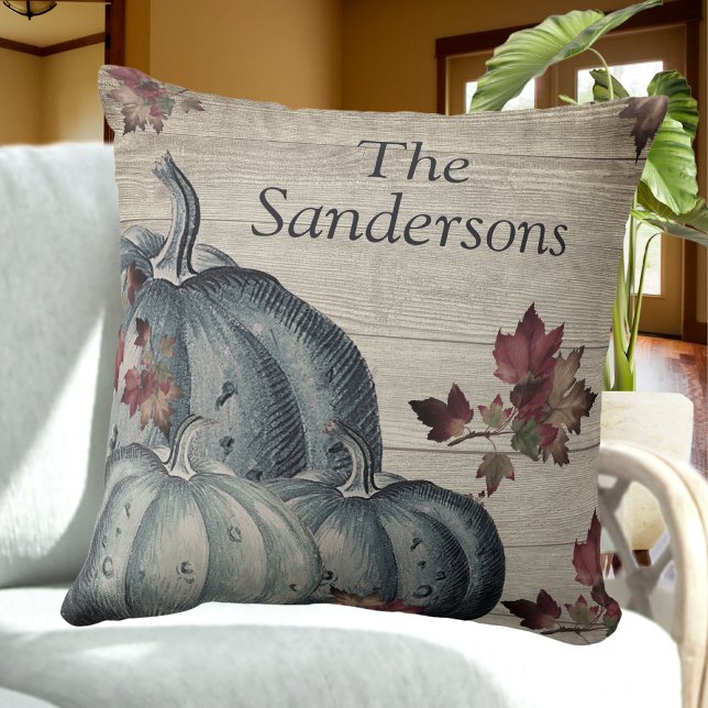 Rustic Dusty Blue Pumpkin Fall Leaves Wood Throw P Pillow (Creator Uploaded)