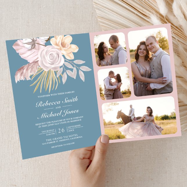 Rustic Dusty Blue Rose Pink Floral QR Code Wedding Invitation (Creator Uploaded)