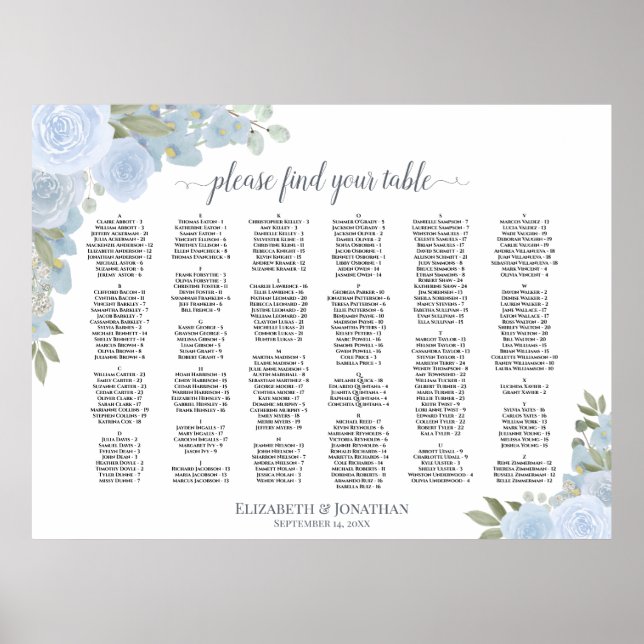Rustic Dusty Blue Roses Alphabetical Seating Chart (Front)