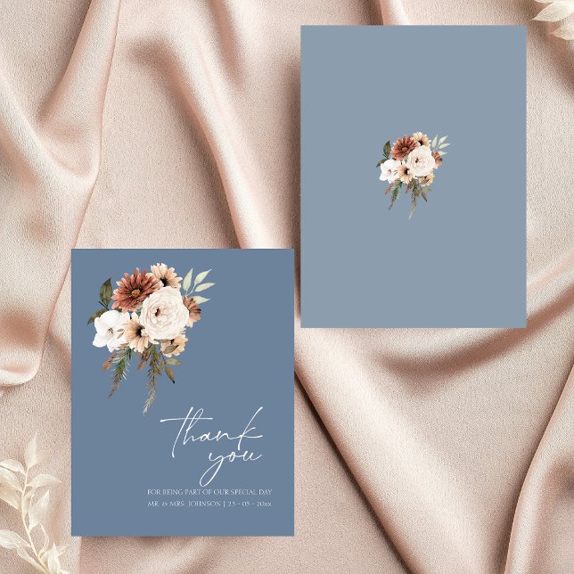 Rustic Dusty Blue Rust Floral Wedding Thank You Card (Elegant Dusty Blue Peach Floral Wedding Thank You)