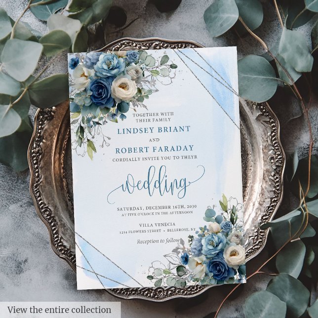 Rustic Dusty Blue Silver Roses Wedding Invitation (Rustic Dusty Blue Silver Roses Wedding Invitation)