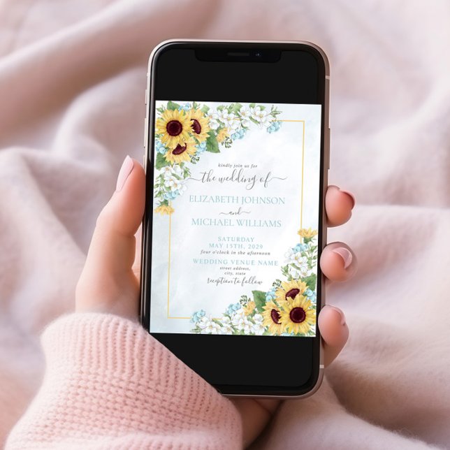 Rustic Dusty Blue Sunflower Floral Photo Wedding Invitation (Creator Uploaded)