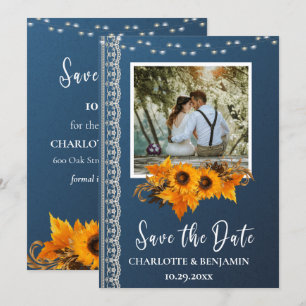 Rustic Dusty Blue Sunflower & Lace Wedding Save The Date