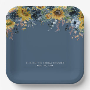 Rustic Dusty Blue Sunflowers Bridal Shower Paper Plate