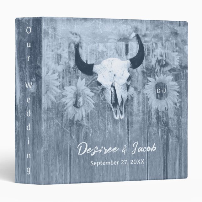 Rustic Dusty Blue Sunflowers Bull Skull Binder (Front/Spine)