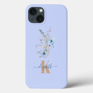 rustic dusty Blue watercolor flower bouquet iPhone 13 Case