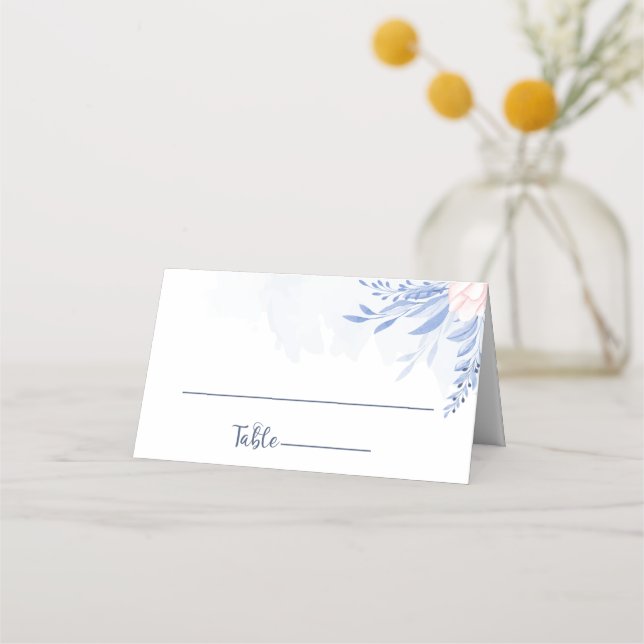 Rustic Dusty Blue Watercolor Leaves Gold Wedding Place Card (Front)