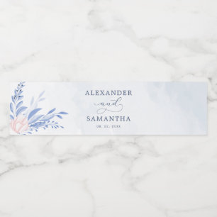 Rustic Dusty Blue Watercolor Leaves Gold Wedding Water Bottle Label