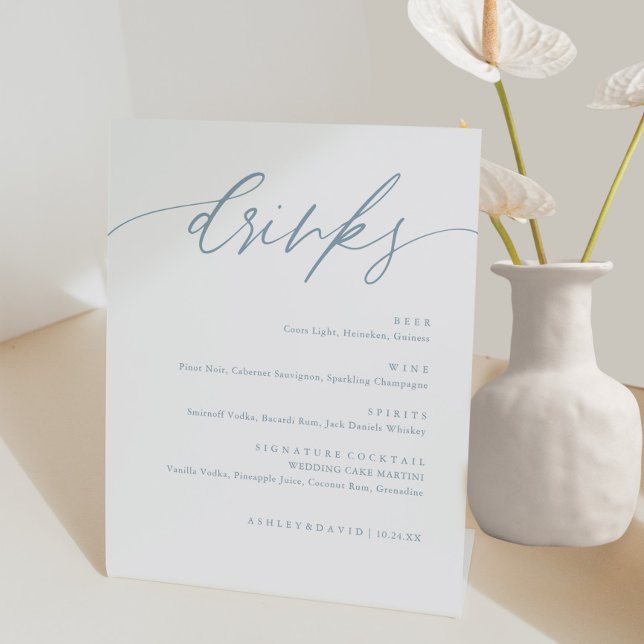 Rustic Dusty Blue Wedding Drinks Bar Menu Pedestal Sign (Creator Uploaded)