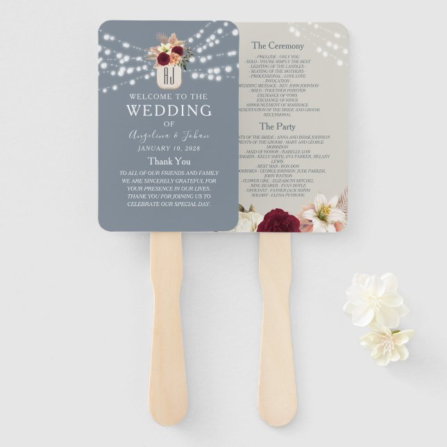 Rustic Dusty Blue Wedding Program Fan (Front and Back)