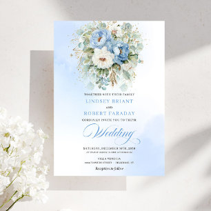 Rustic Dusty Blue White Peony Eucalyptus Gold Wedd Invitation