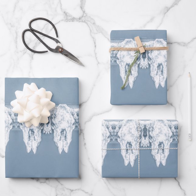 Rustic Dusty Blue White Western Bull Skull Pattern Wrapping Paper Sheet (Front)