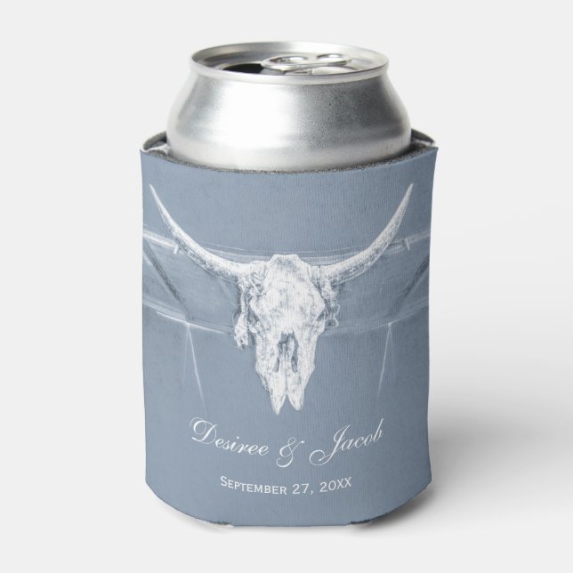 Rustic Dusty Blue White Western Cow Skull Wedding Can Cooler (Can Front)