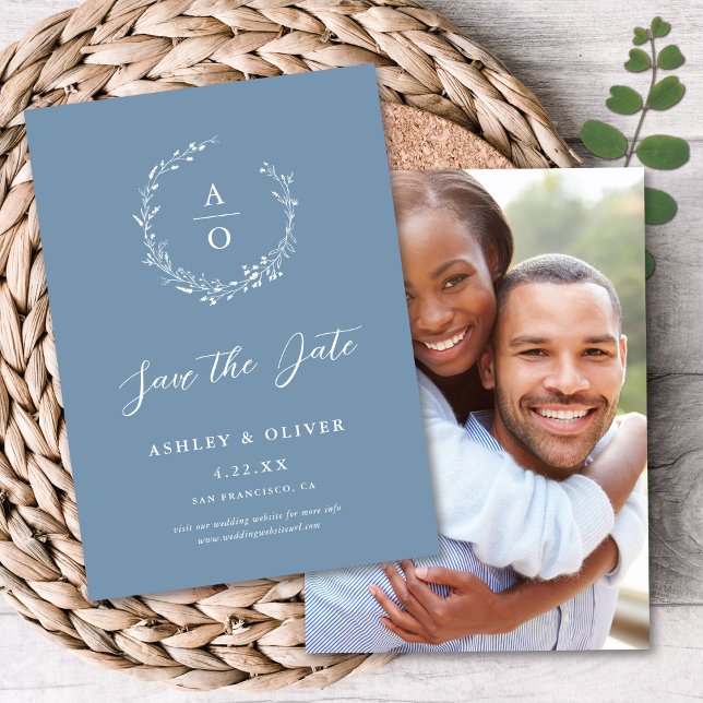 Rustic Dusty Blue Wildflower + Photo Save The Date Invitation (Creator Uploaded)