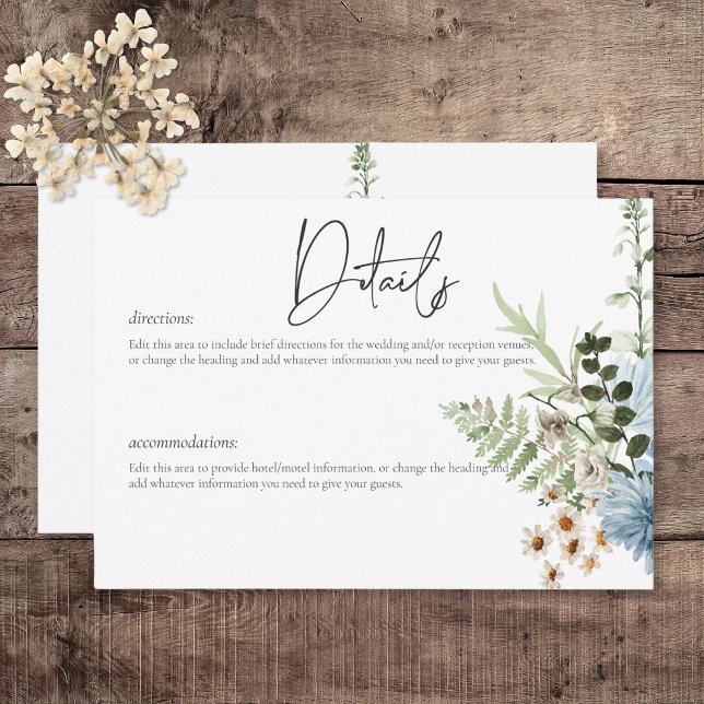 Rustic Dusty Blue Wildflowers & Daisies Details Enclosure Card (Rustic Dusty Blue Wildflowers & Daisies Wedding Details Card)