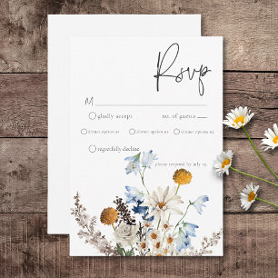 Rustic Dusty Blue Wildflowers & Daisies Dinner RSVP Card
