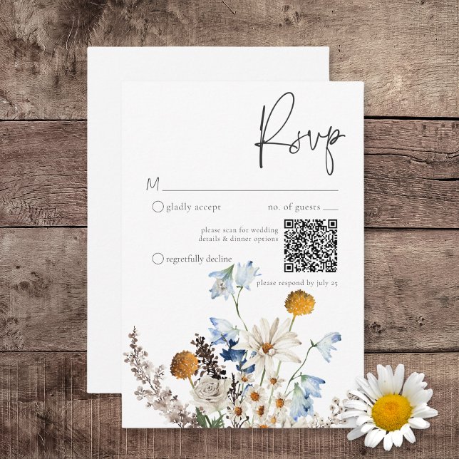 Rustic Dusty Blue Wildflowers & Daisies QR Code RSVP Card (Rustic Dusty Blue Wildflowers & Daisies Wedding Response Card)