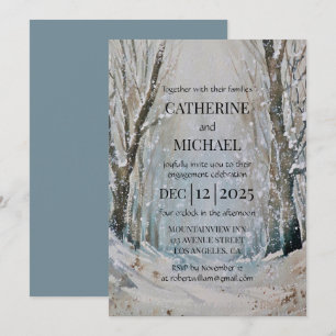Rustic Dusty Blue Winter Forest Watercolor Wedding Invitation