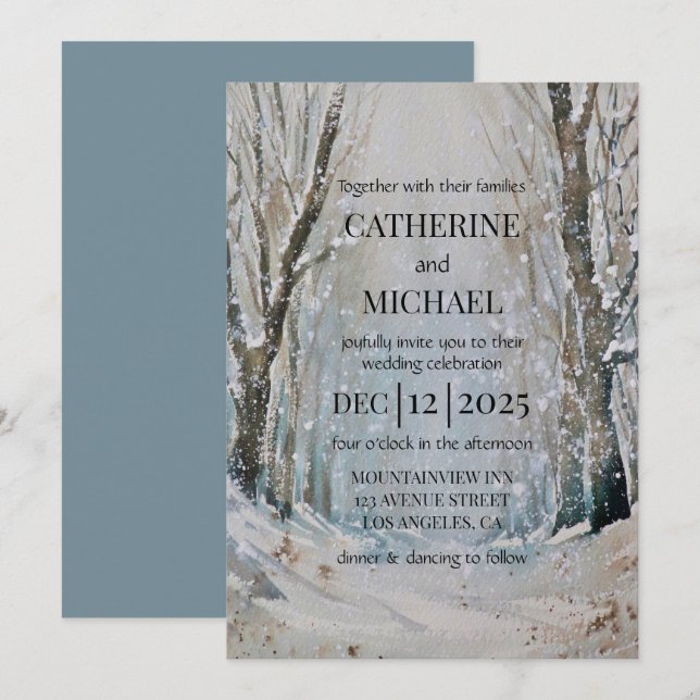 Rustic Dusty Blue Winter Forest Watercolor Wedding Invitation (Front/Back)