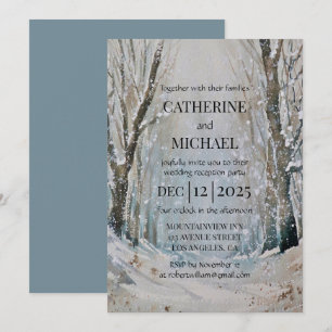 Rustic Dusty Blue Winter Forest Watercolor Wedding Invitation