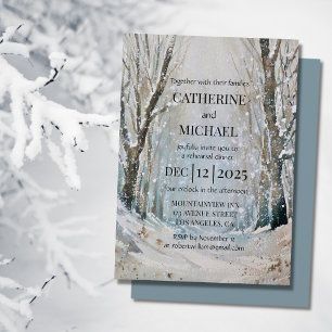 Rustic Dusty Blue Winter Forest Watercolor Wedding Invitation
