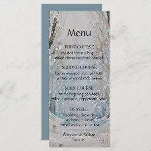 Rustic Dusty Blue Winter Forest Watercolor Wedding Menu