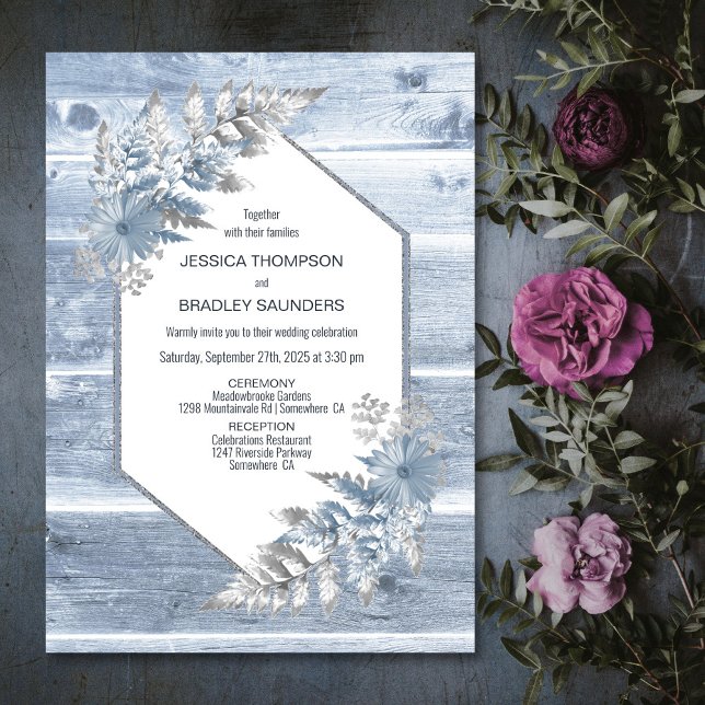 Rustic Dusty Blue Wood Botanical Wedding Invitation (Creator Uploaded)