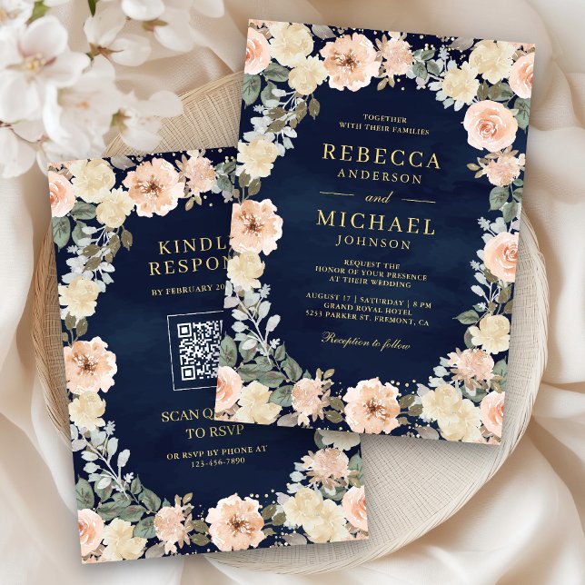 Rustic Dusty Peach Floral QR Code Navy Wedding Invitation (Creator Uploaded)