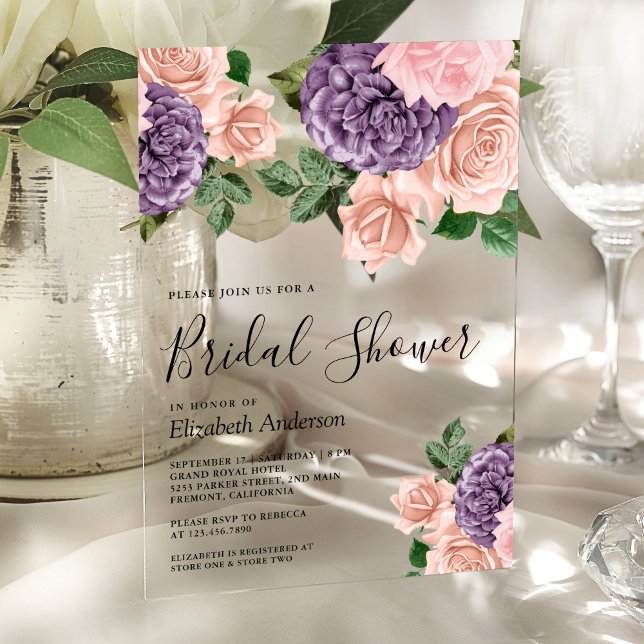 Rustic Dusty Peach Purple Floral Bridal Shower     Acrylic Invitations (Creator Uploaded)