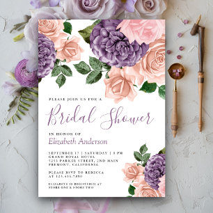 Rustic Dusty Peach Purple Floral Bridal Shower Invitation