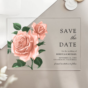 Rustic Dusty Peach Roses Wedding Save the Date Acrylic Invitations