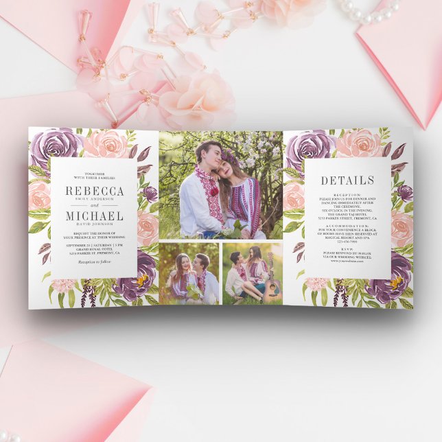 Rustic Dusty Plum Purple Blush Pink Floral Wedding Tri-Fold Invitation (Creator Uploaded)