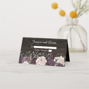 Rustic Dusty Purple Rose Watercolor Floral Wood Place Card