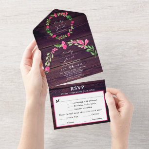 Rustic Dusty Purple Wood Barn Pink Floral Wed RSVP All In One Invitation
